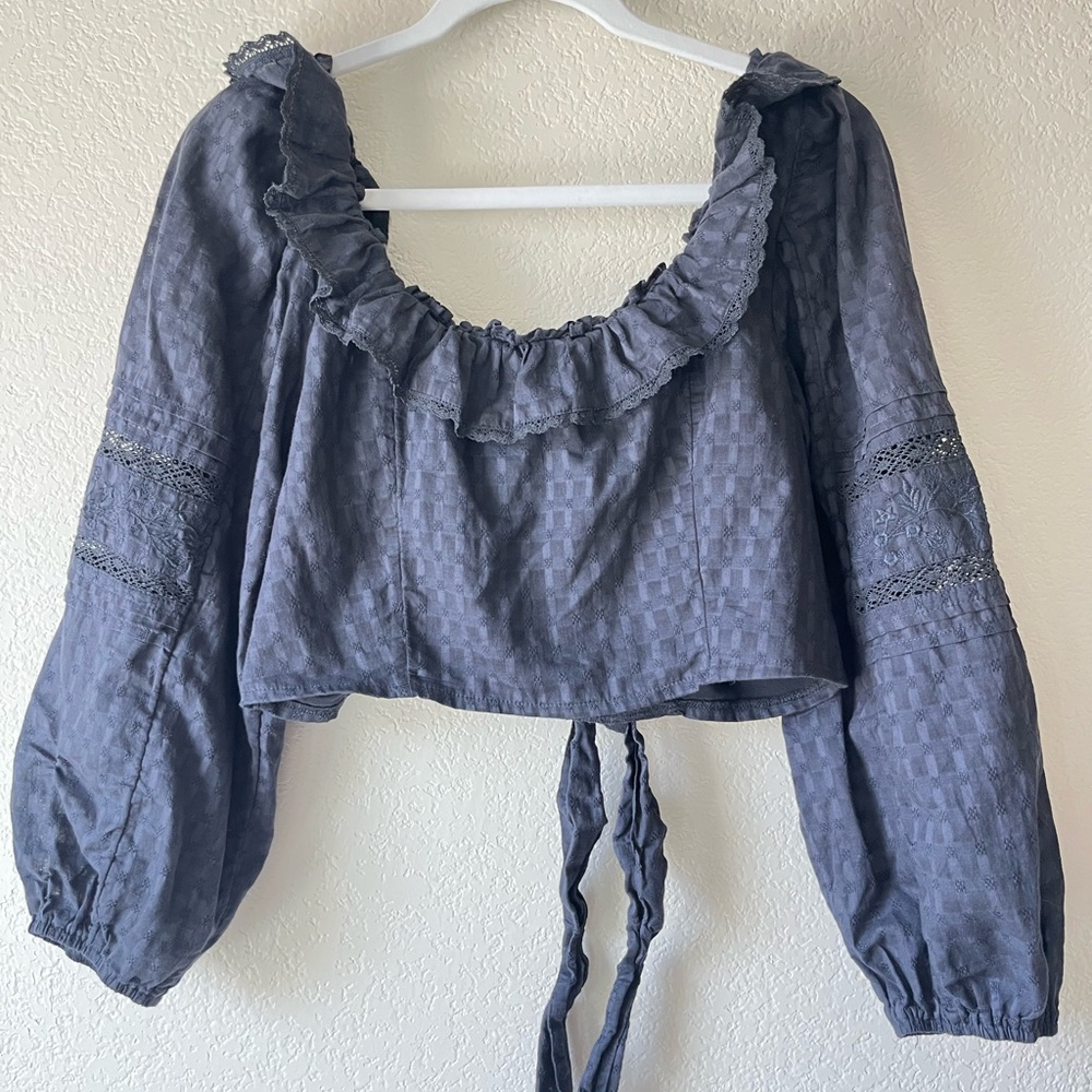 Festival Boho Ruffle Cropped Peasant Top - Slate Blue/Navy